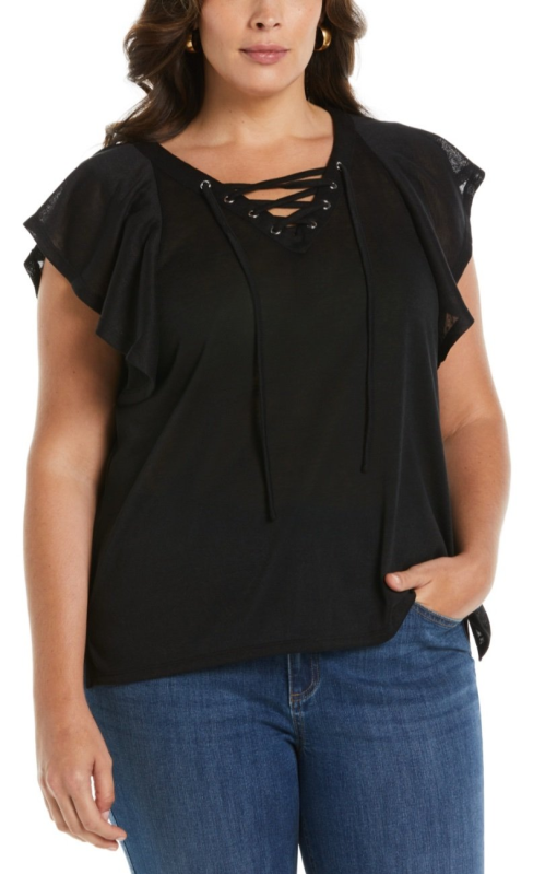 Ella Rafaella Plus Black Lace-Up Top - Plus Size Blouses