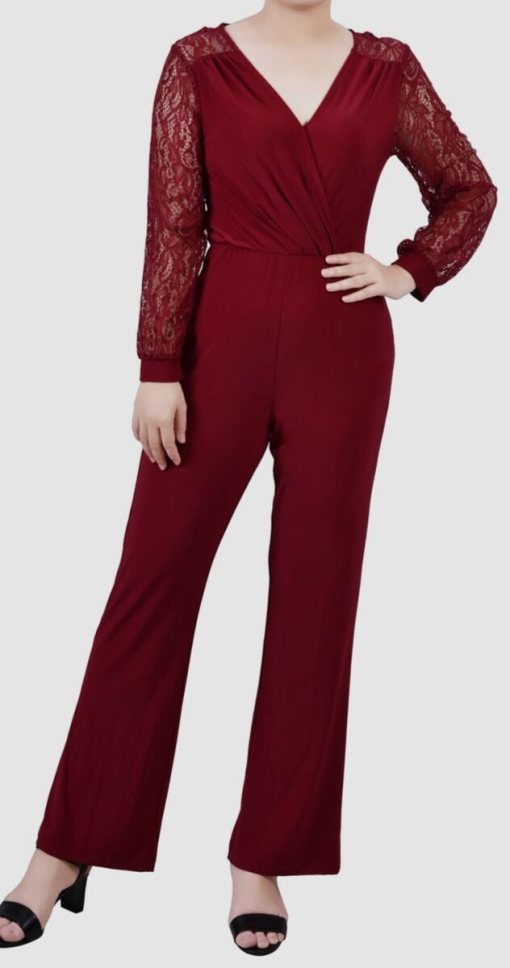 NY Collection Burgundy Lace Jumpsuit Petite Size - Women's Jumpsuits