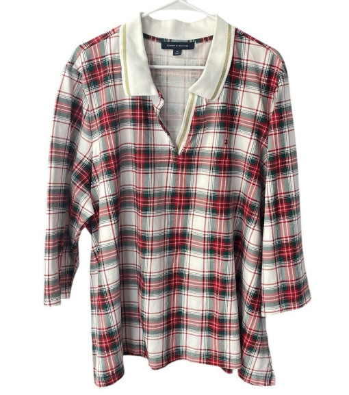 Tommy Hilfiger Plaid Top Red White Green XL Women's Blouse