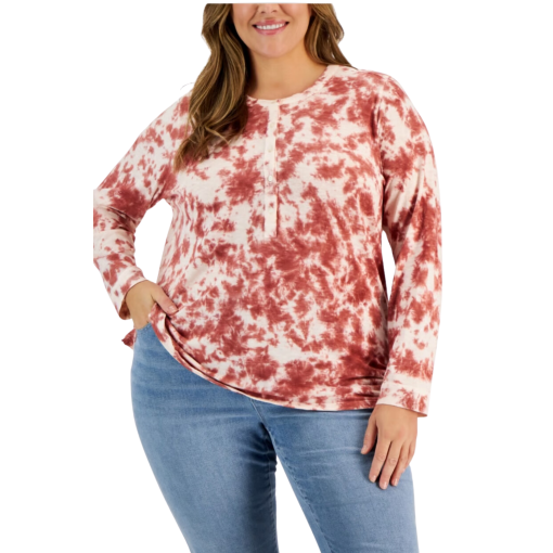 Style & Co Plus Henley Top Red Tie Dye Plus Size Women's Shirts