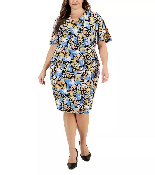 KASPER Plus Floral Wrap Dress - Blue/Yellow - Size 2X - Women's Dresses