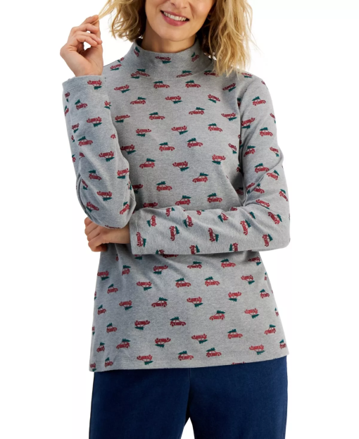 Karen Scott Gray Christmas Print Turtleneck Top - L - Women's Shirts