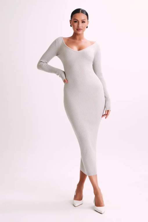 Caara Gray Ribbed Midi Dress - Size L - Bodycon Dress