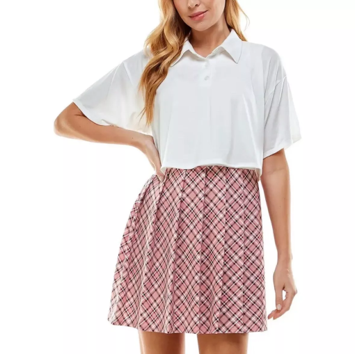 Kingston White Polo Top & Pink Plaid Skirt Set - Juniors Outfit