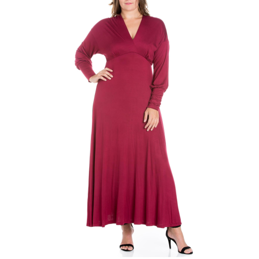 24 Seven Women's Plus Size Bishop Sleeves Maxi Dress - Wine 1X