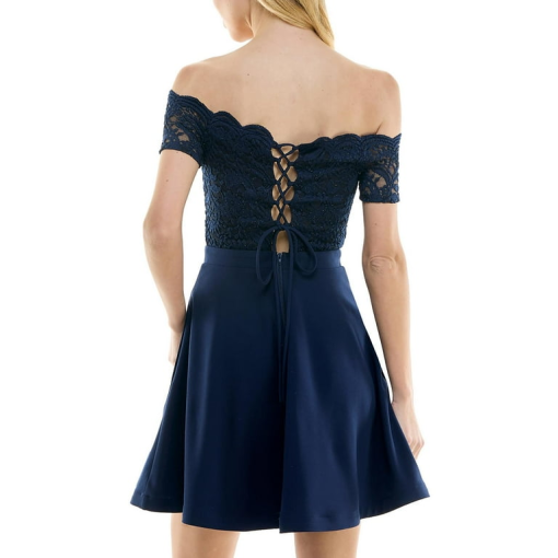 City Studio Womens Navy Scalloped Pocketed Lace Bodice Zippered Short Sleeve Off Shoulder Short Party Fit + Flare Dress 5/6 - All - Image 2