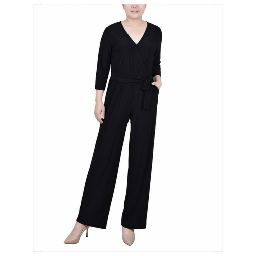 NY Collection Womens Petite 3/4 Sleeve Belted Jumpsuit PS