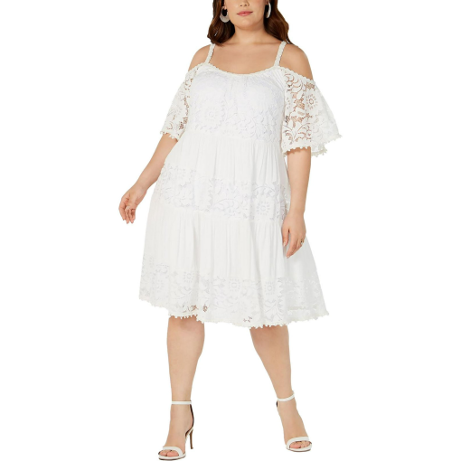 White Lace Cold Shoulder Dress - Size (L) - Women's Midi Dress