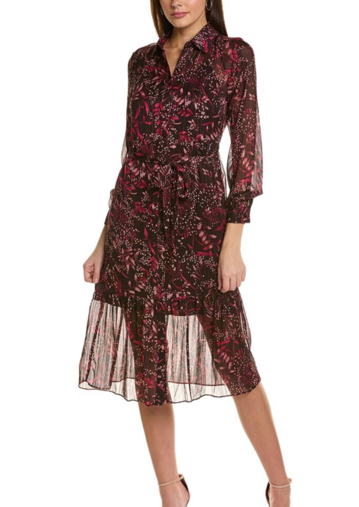 Nanette Lepore Burgundy Print Chiffon Midi Dress Size 8 - Women's Dresses