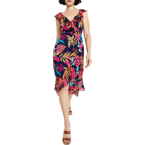 Kensie Floral Midi Dress Navy Ruffle Summer Dress - Size S