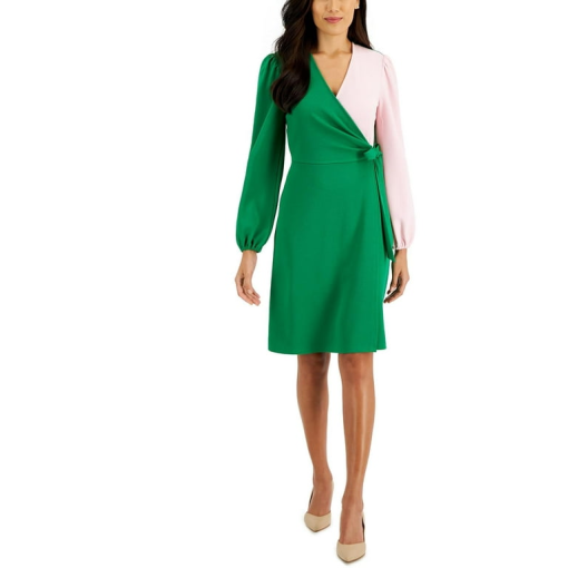 Kasper Colorblock Wrap Dress - Green/Pink XL - Women's Dresses