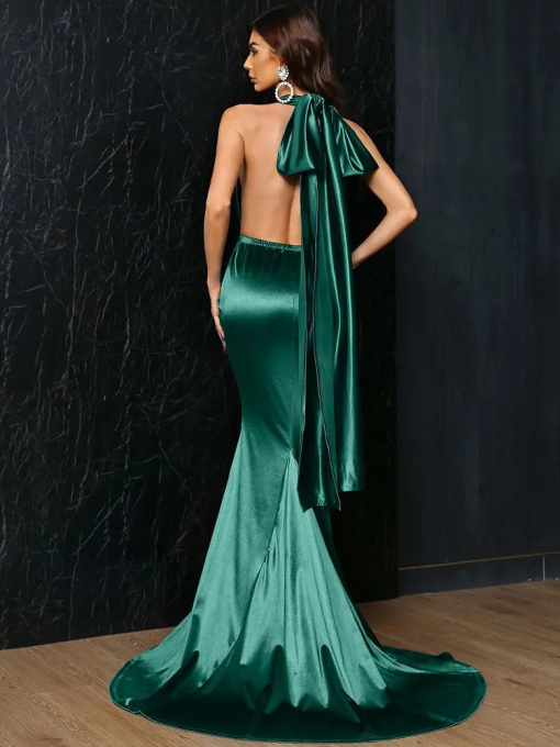 Miss ORD Green Satin Halter Maxi Dress - XS - Formal Gown - Image 2