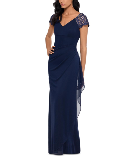 Xscape Navy Blue Lace Sleeve Formal Gown - Size 4