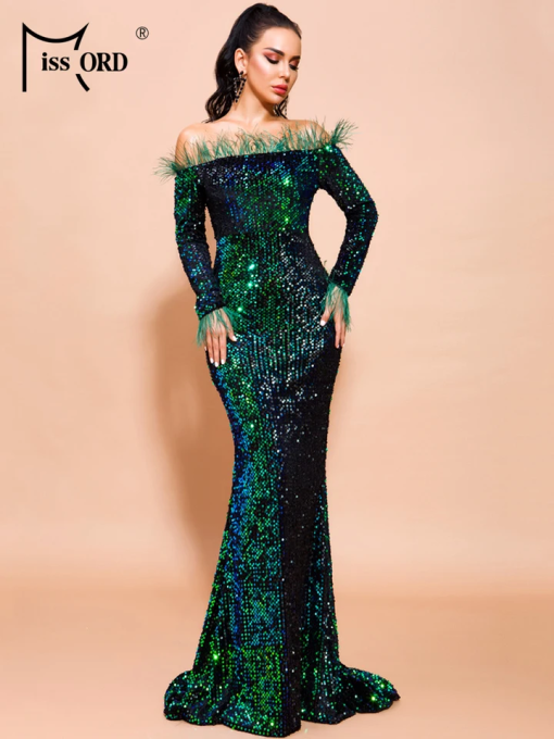 Miss Ord Green Sequin Feather Maxi Dress - Size S - Prom Dress