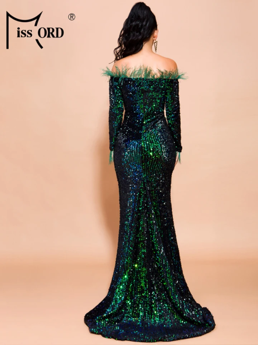 Miss Ord Green Sequin Feather Maxi Dress - Size S - Prom Dress - Image 2