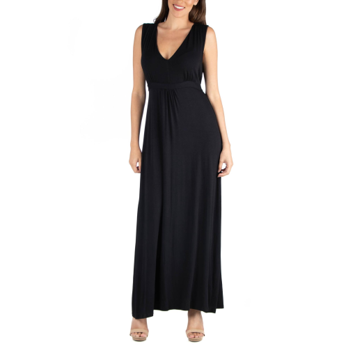 24seven Black Maxi Dress, L, V-Neck Sleeveless Dress, Women's Clothing