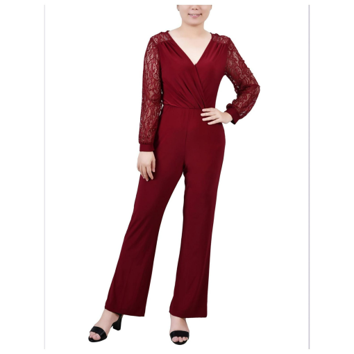 NY Collection Burgundy Lace Sleeve Jumpsuit - Petite Size - Women's Jumpsuit