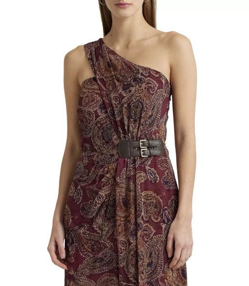 Lauren Ralph Lauren Paisley One Shoulder Maxi Dress, Size 10, Burgundy