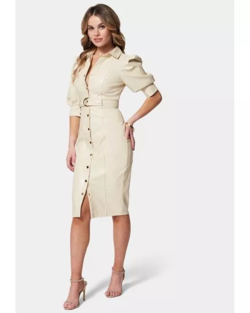 Bebe Cream Faux Leather Midi Dress - Size M - Women's Dresses