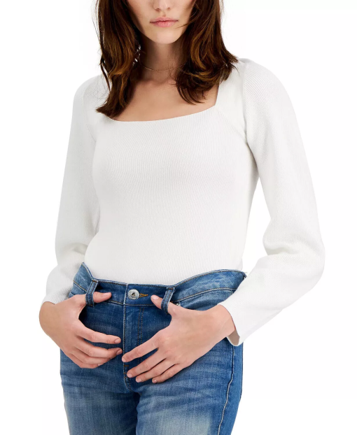 I.N.C. White Ribbed Square Neck Sweater - Women's Top - Size M