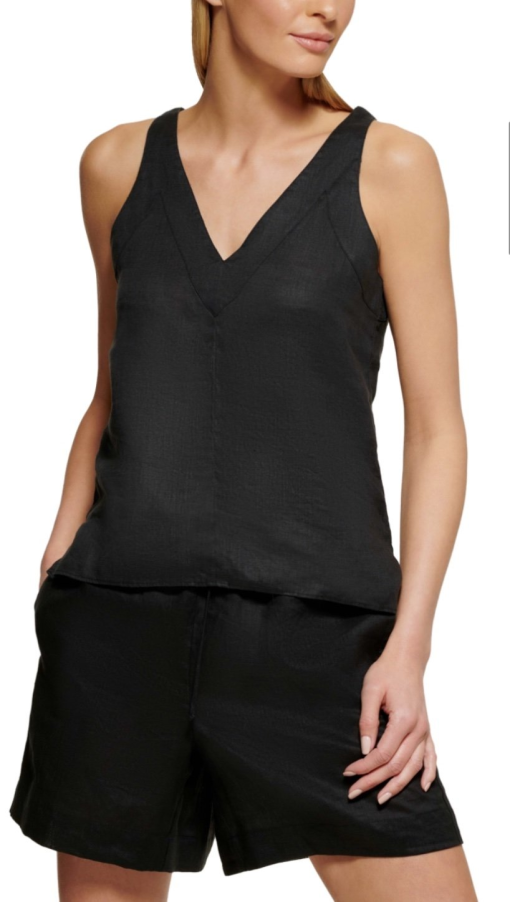 DKNY Black Linen Tank Top - Sleeveless V-Neck - Size L - Women's Tops