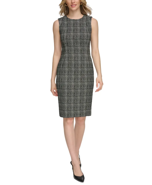 Calvin Klein Plaid Sheath Dress Black/Cream Size 4 - Work Dress