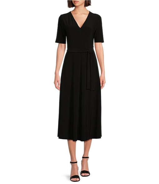 MSK Black Midi Dress, L, V-Neck Tie Front, Women's Dresses