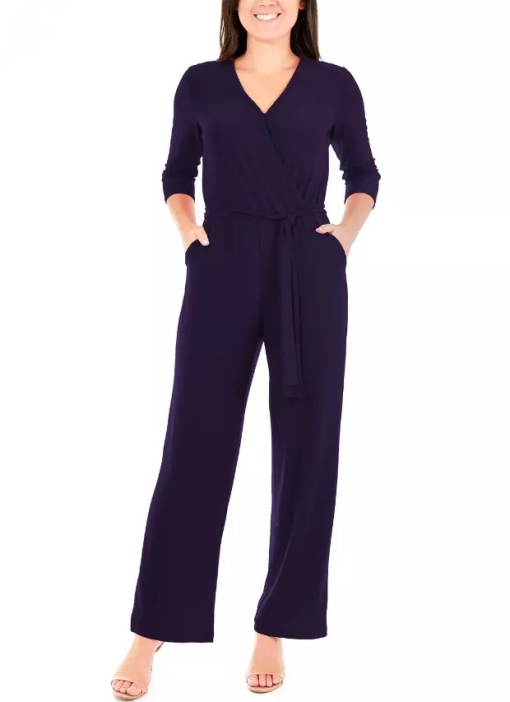 NY Collection Petite Navy Jumpsuit with Belt - Wide Leg Pants