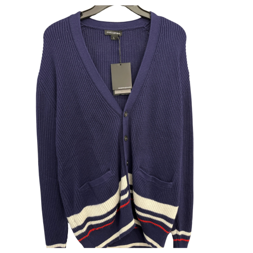 STATE CASHMERE Navy Striped Cardigan Sweater - Large - Knitwear