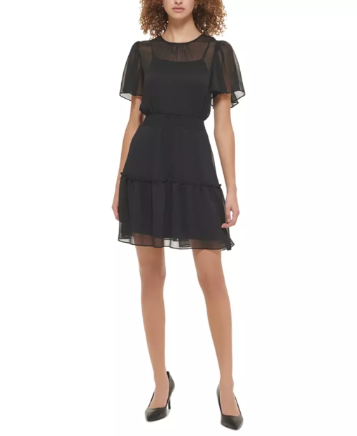 KARL LAGERFELD Womens Smocked Short Mini Dress BLACK 14