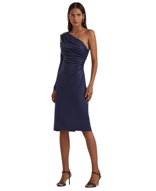 Lauren Ralph Lauren Women's Foil-Print Jersey One-Shoulder Cocktail Dress - French Navy 16