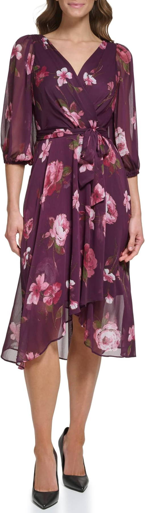 Dkny Women's Floral Printed Chiffon Fit and Flare Dress, 2