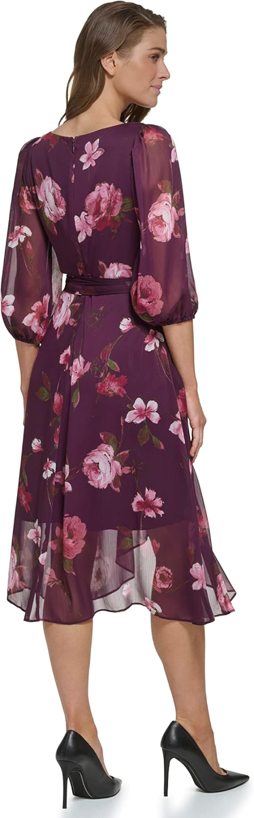 Dkny Women's Floral Printed Chiffon Fit and Flare Dress, 2 - Image 2