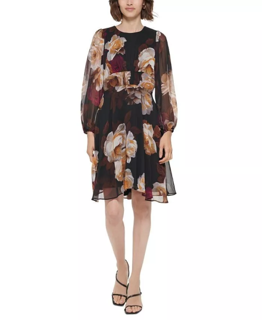 Calvin Klein Chiffon Floral Long Sleeve Shift (Persmn Multi) Women's Dress size 6