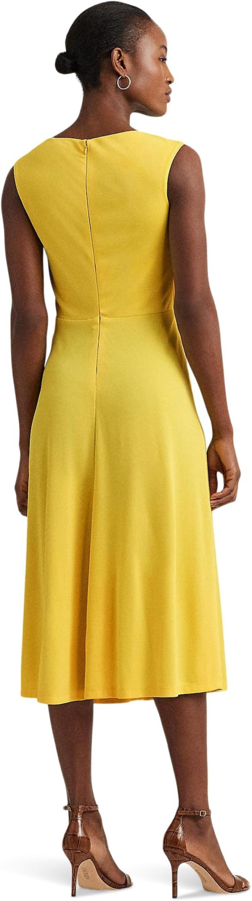 RALPH LAUREN Womens Yellow Zippered Twist Front Sleeveless Round Neck Knee Length Party Fit + Flare Dress 0 - Image 2