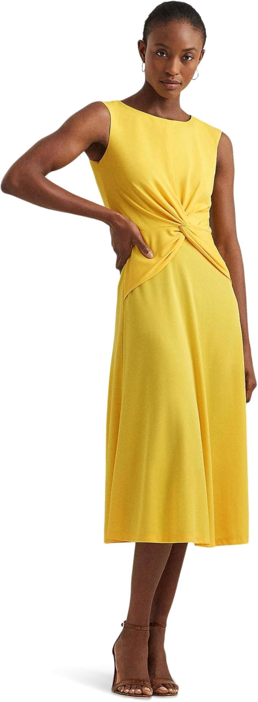 RALPH LAUREN Womens Yellow Zippered Twist Front Sleeveless Round Neck Knee Length Party Fit + Flare Dress 0