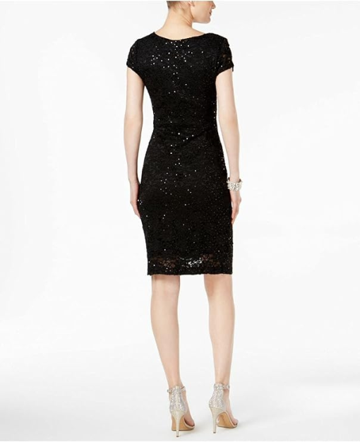 CONNECTED APPAREL Womens Black Sequined Lace Short Sleeve V Neck Knee Length Sheath Dress 4 - Image 2