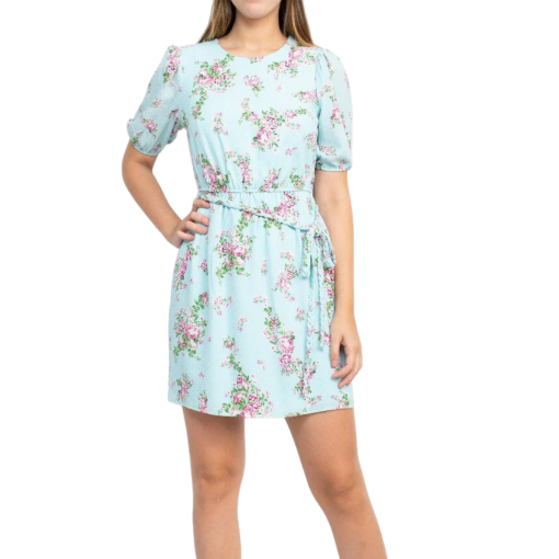 Sage Collective Crew Neck Short Sleeve Tie Waist Keyhole Back Floral Print Crepe Dress-BLUE MULTI / 8