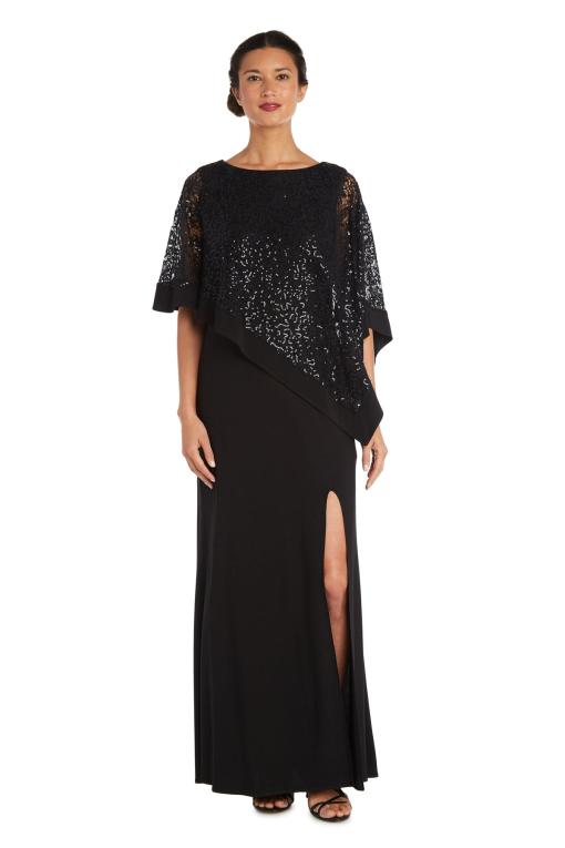 R & M Richards Black Lace Poncho Overlay Gown 18