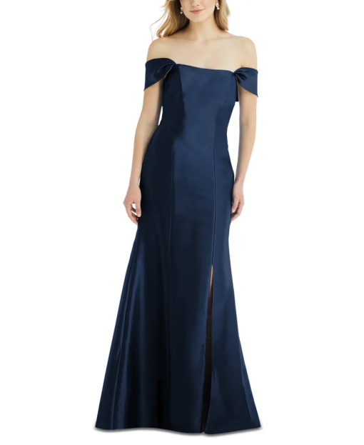 Alfred Sung Off-the-Shoulder Bow-Back Satin Trumpet Gown - D793 - Blue - 10