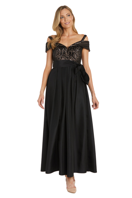 R & M Richards Women's Sequined Cold-Shoulder Gown - Black/Nude 6