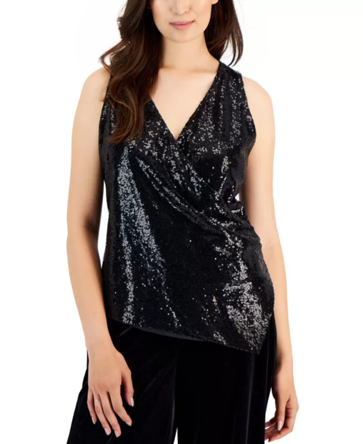 TAHARI Womens Sequined Surplice Tank Top size M