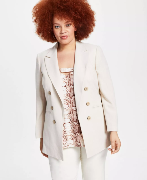 Bar Iii Plus Size Linen Faux-Double-Breasted Blazer, white 2X