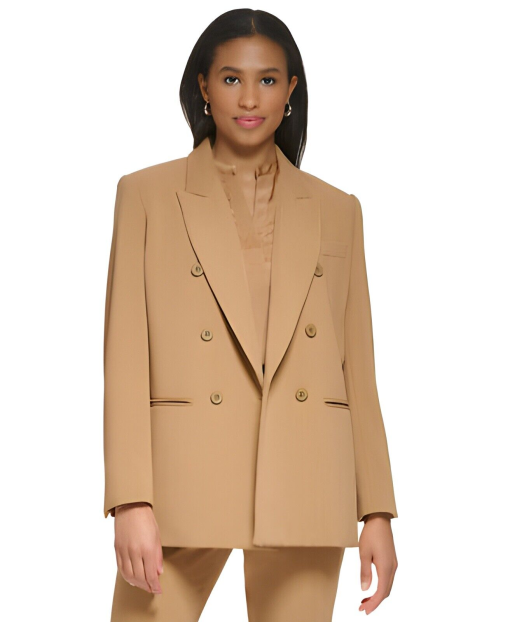 DKNY Peak Lapel Besom Pocket Six-Button DB Jacket (Pecan) Women's Clothing 16