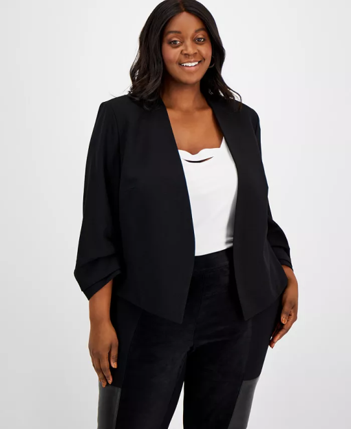 Bar Iii Plus Size Ruched Sleeve Blazer, Black 1X