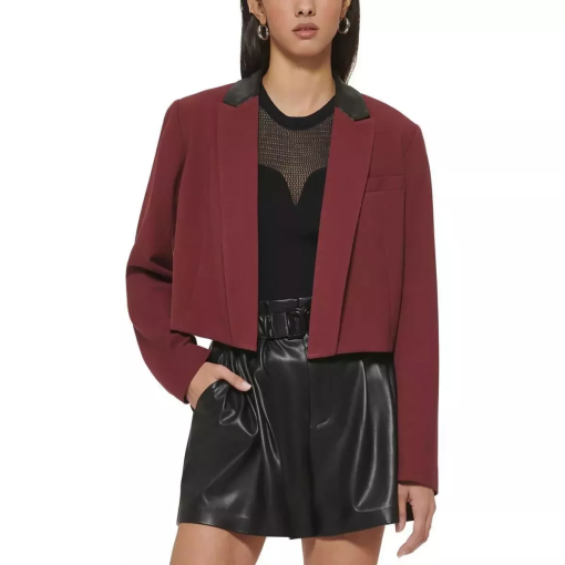 DKNY Womens Faux Leather Trim Crop Open-Front Blazer 0