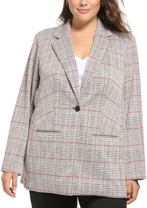 Calvin Klein Womens Plus Knit Plaid One-Button Blazer 3X