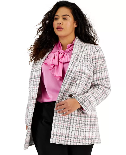 Bar Iii Plus Size Plaid Open-Front Button-Detail Blazer 3X