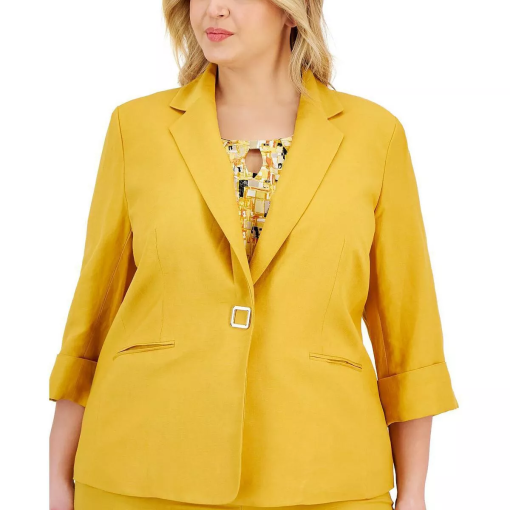 KASPER Plus Womens Linen Office One-Button Blazer yellow 24W