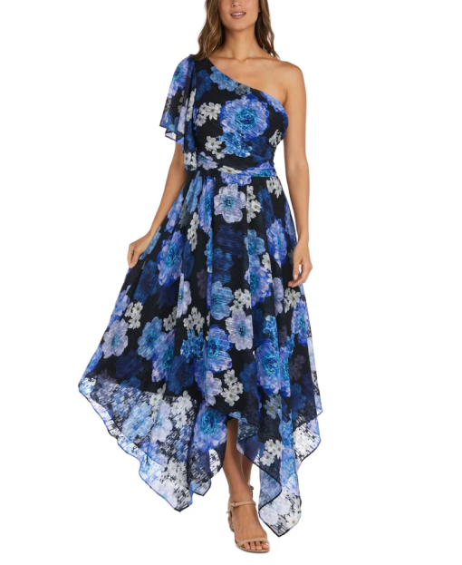 Nightway Women's One Shoulder Flutter Sleeve Floral Print W Draped Bodice and Hanky Hem, 12